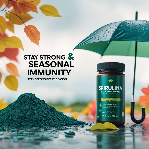 A static 1:1 image featuring a jar of Spirulina supplement alongside a pile of green powder under a rainy umbrella and autumn leaves, conveying seasonal resilience.